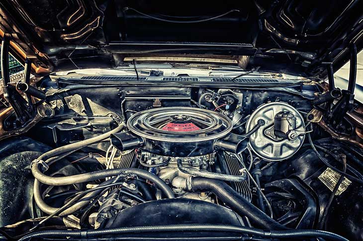 A car engine showing auto parts.